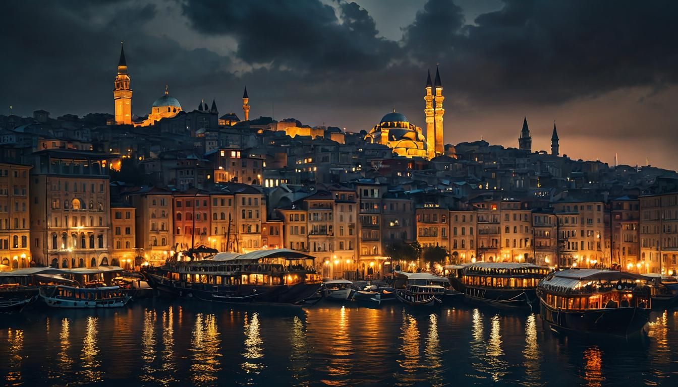 Baroque Istanbul Harbour at Dusk: A Dramatic Panorama