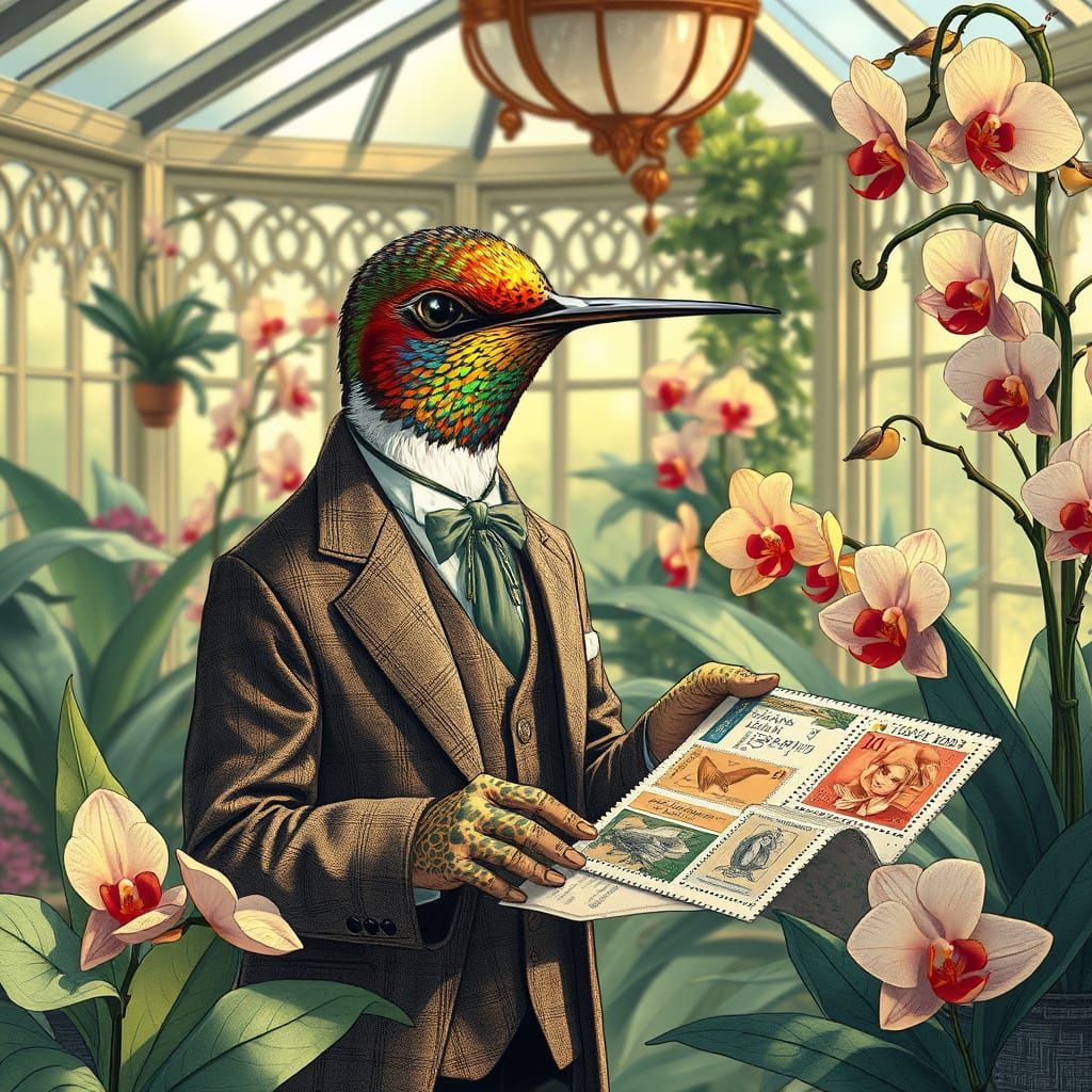 Hummingbird Philatelist in Art Nouveau Conservatory