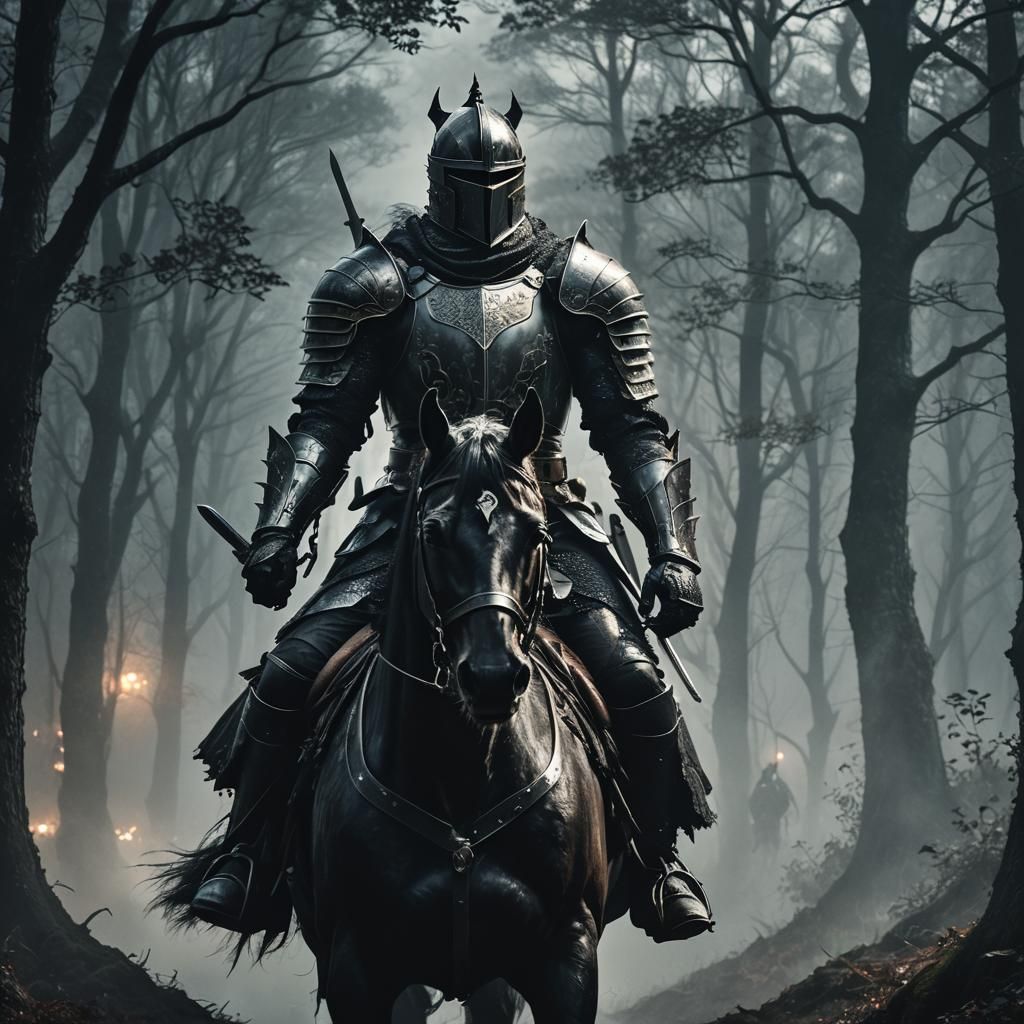 Epic Black Knight Rides Through Misty Forest