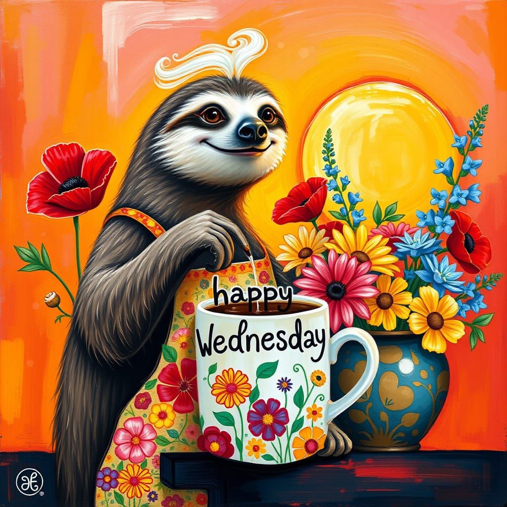 A smiling, happy sloth pouring a cup of coffee that spells o...