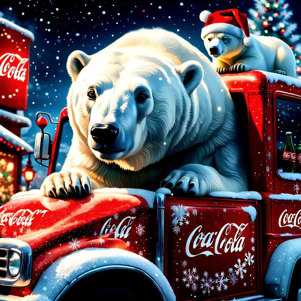 Adorable Polar Bear on Coke Truck: Christmas Scene