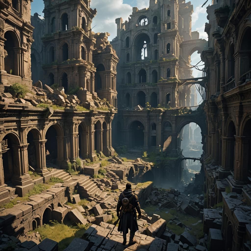 Explorer in Ruined City: Dark Fantasy Concept Art
