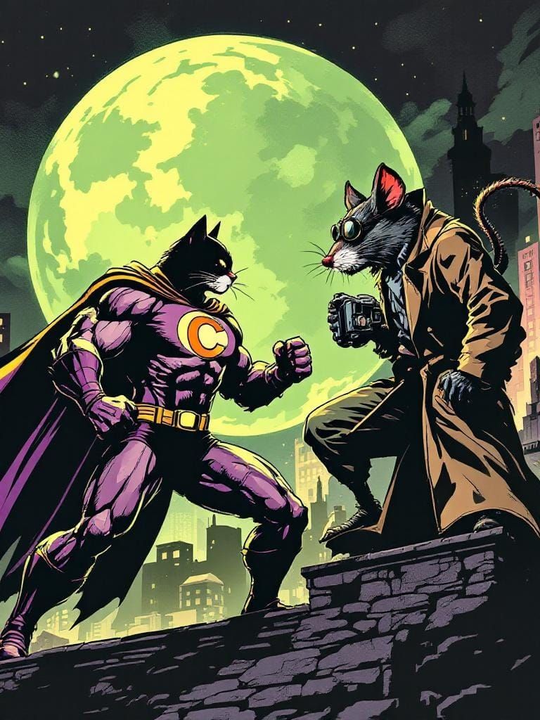 Cat Superhero vs Rat Villain in 1940s Comic Style