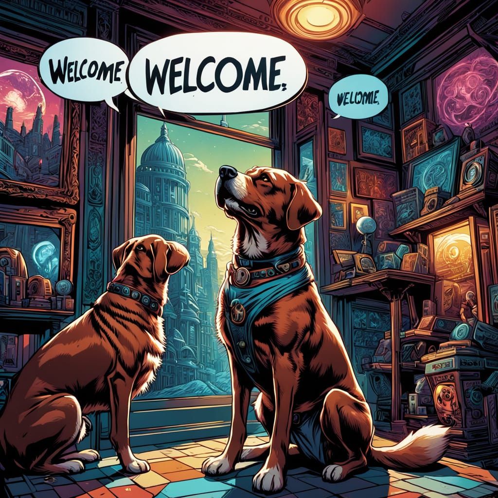 Comic Illustration of Dog, Baby, and Speech Bubbles