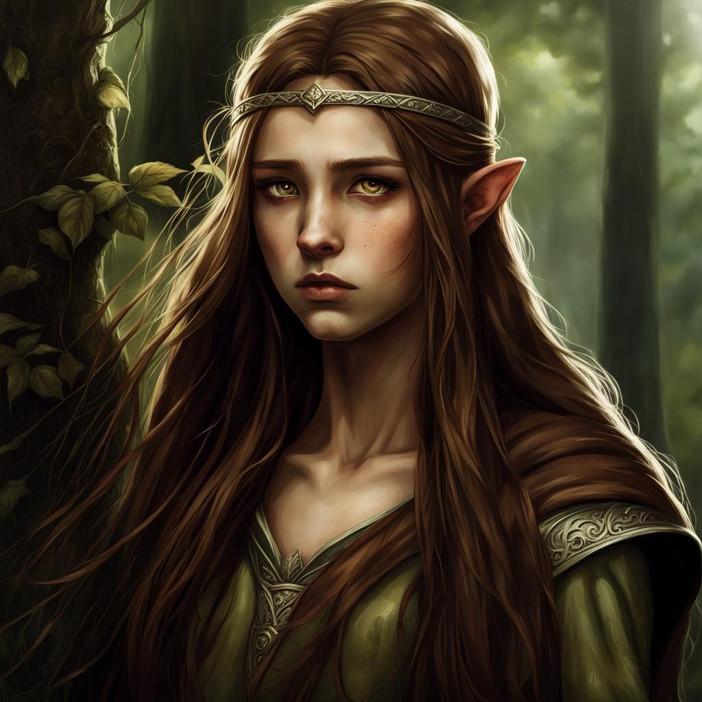 Sad Elven Girl with Long Brown Hair