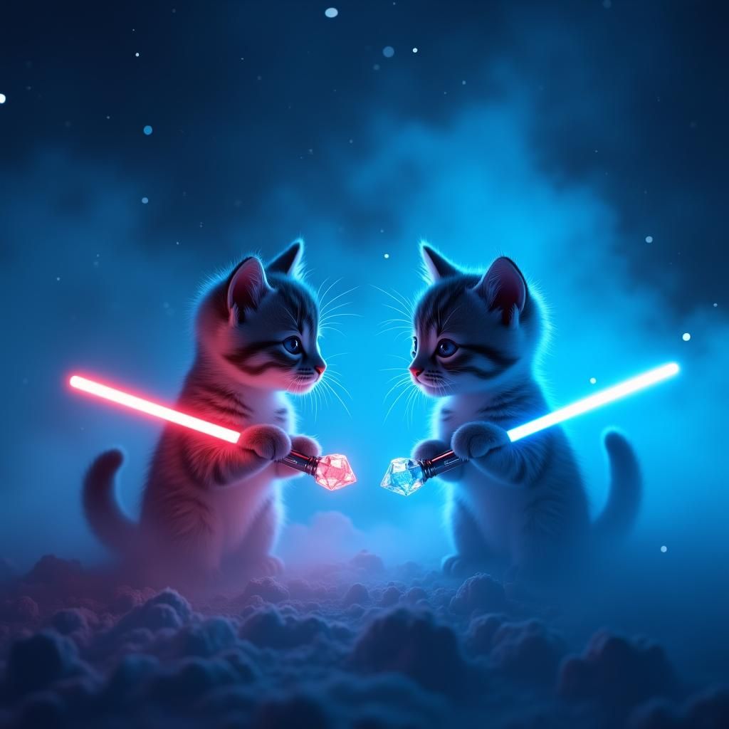 silhouette of two little kittens holding light sabres. one k...