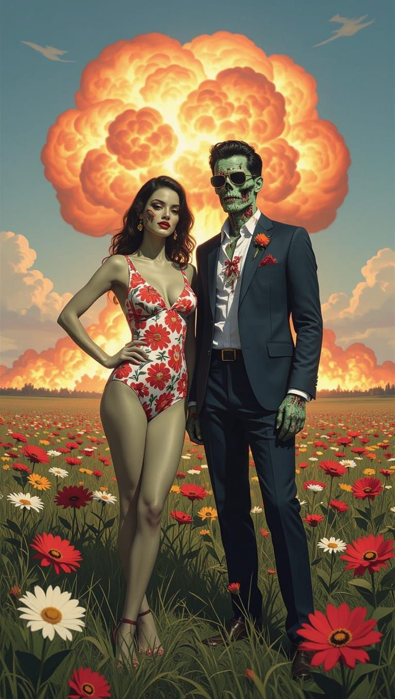 Apocalyptic Chic: Zombie Couple Struts Amidst Nuclear Ruin