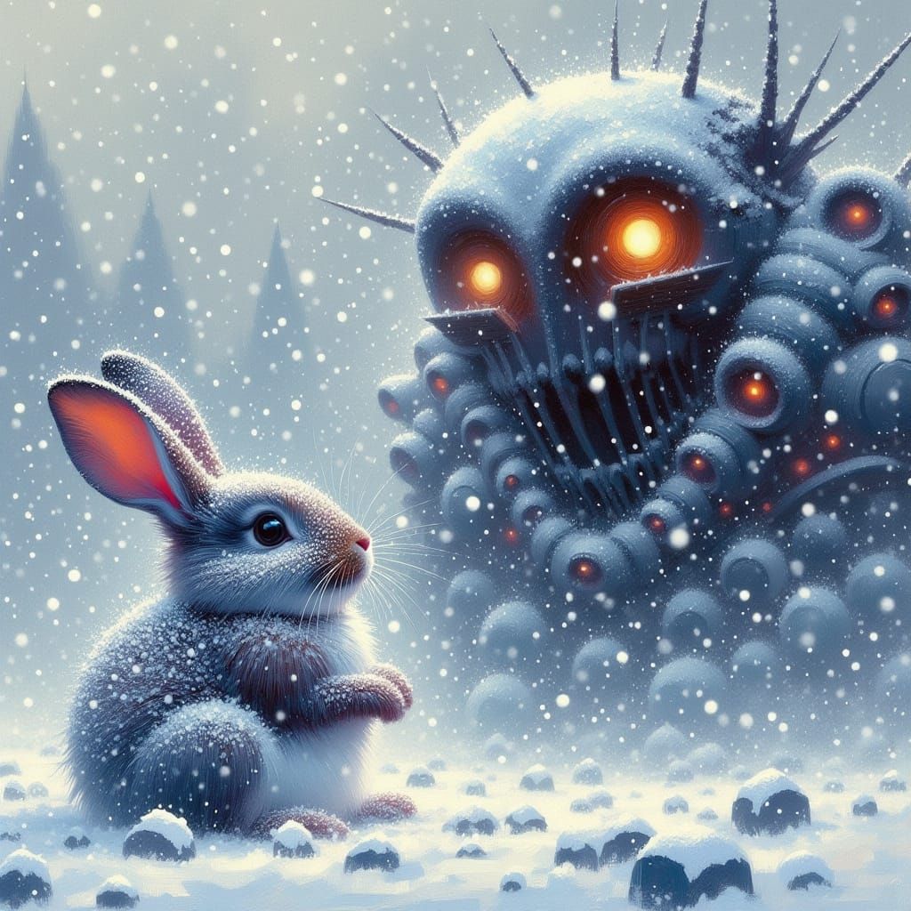 Epic Robot Bunny in Snowy Gouache Landscape