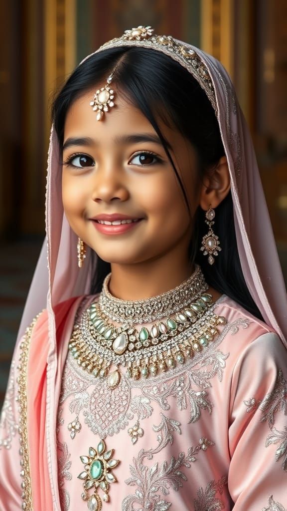 Elegant Young Girl in Luxurious Eid Dress with Crystal Embel...