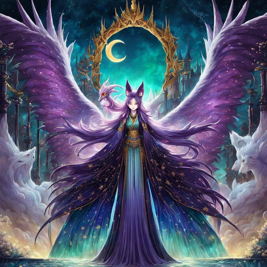 Majestic Female Kitsune in Elegant Black and Gold Kimono