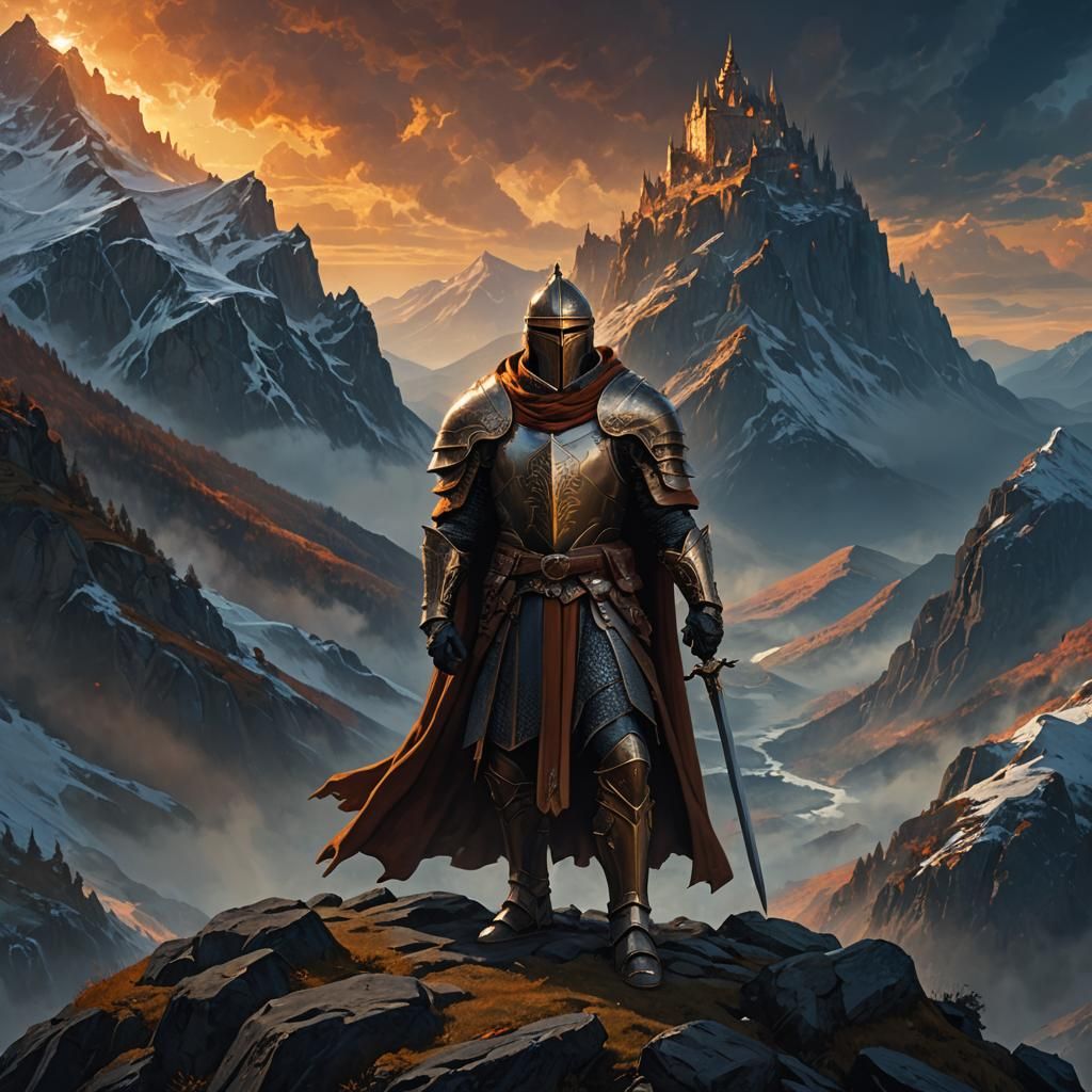 Noble Knight in Bronze Armor on Mountain Peak