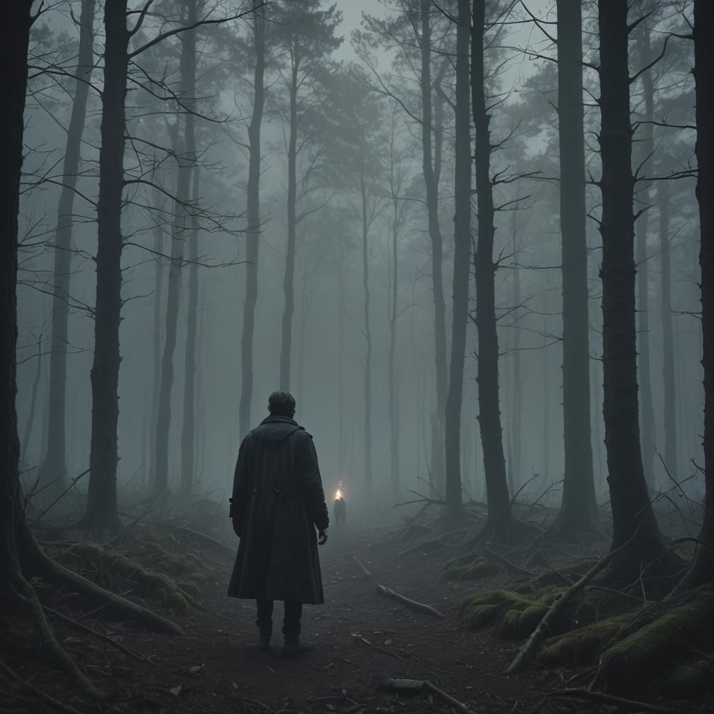 Eerie Figure in Misty Forest Film Noir Scene
