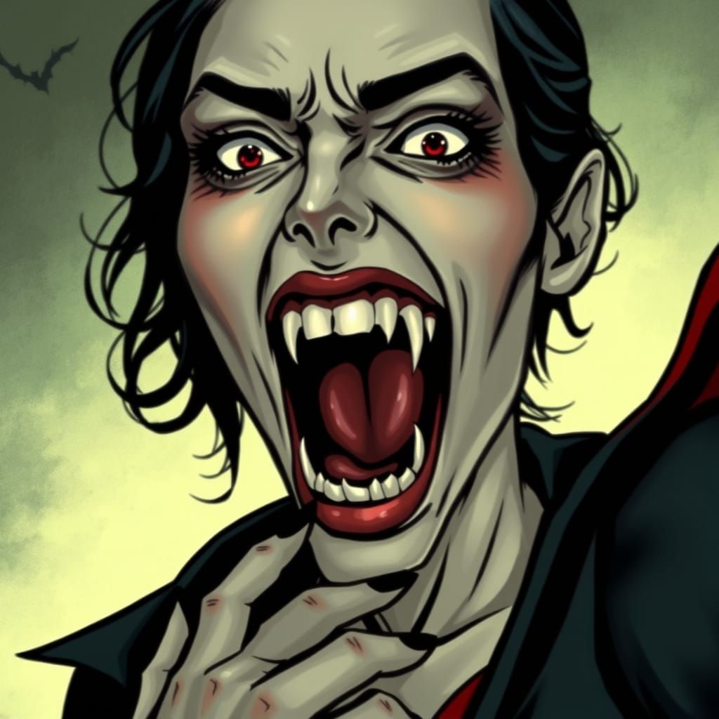 Ethereal Vampire Goddess with Bloodthirsty Fangs