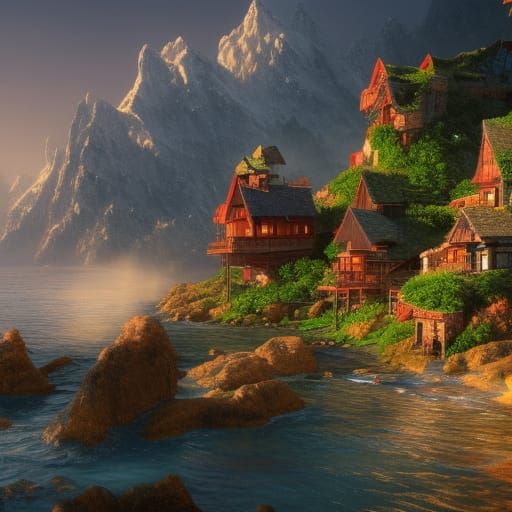 Mountain Village Near the Ocean in Detailed Matte Painting