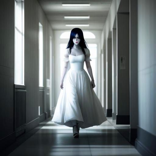 Eerie Ghost Girl in School Hallway at Twilight
