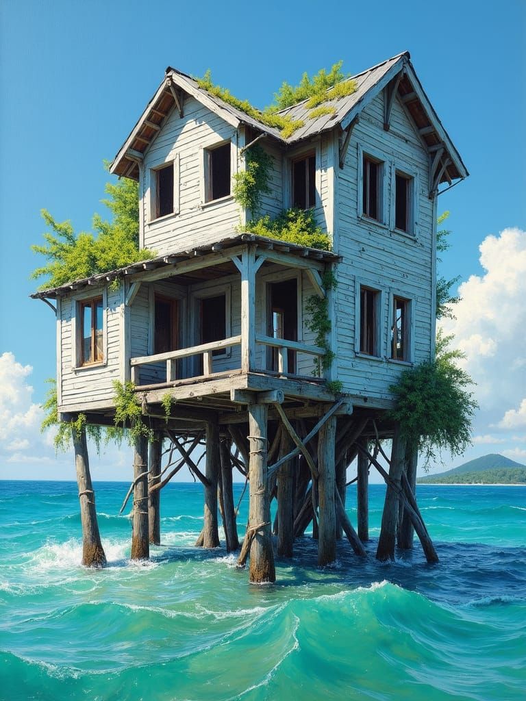 Island House: Impasto Oil Painting of Ocean Home