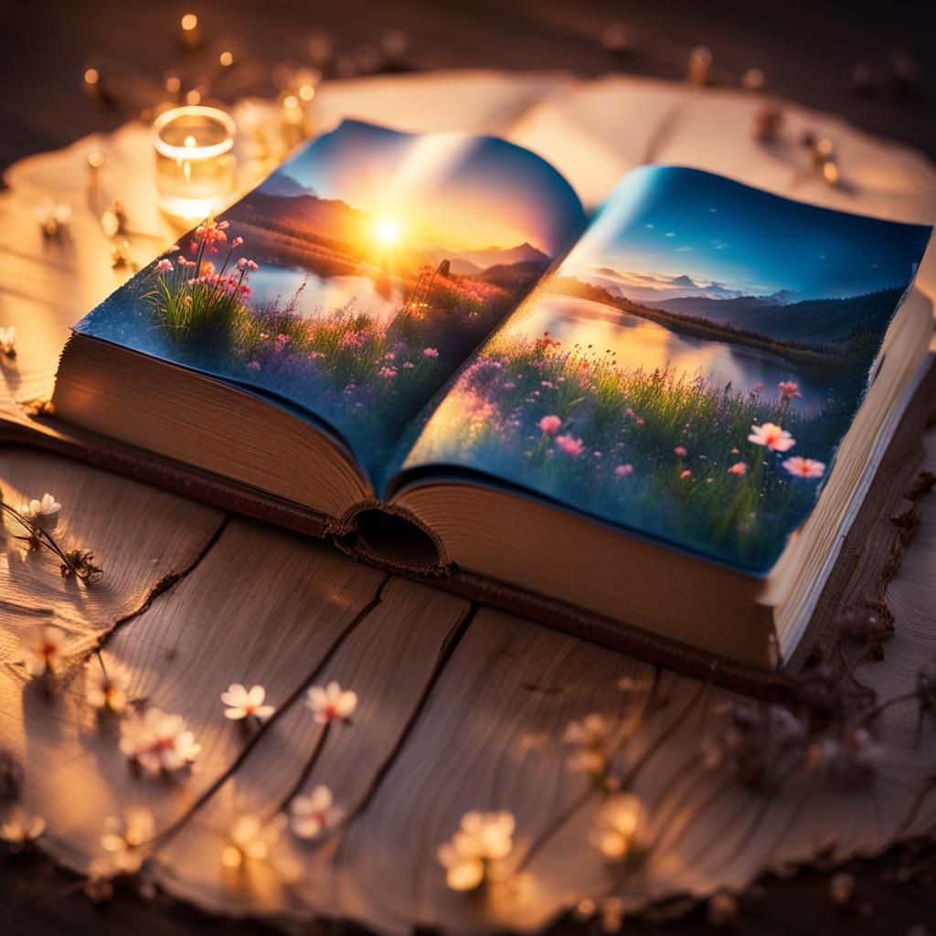 Mystical Landscape Inside a Book, Fantasy Illustration