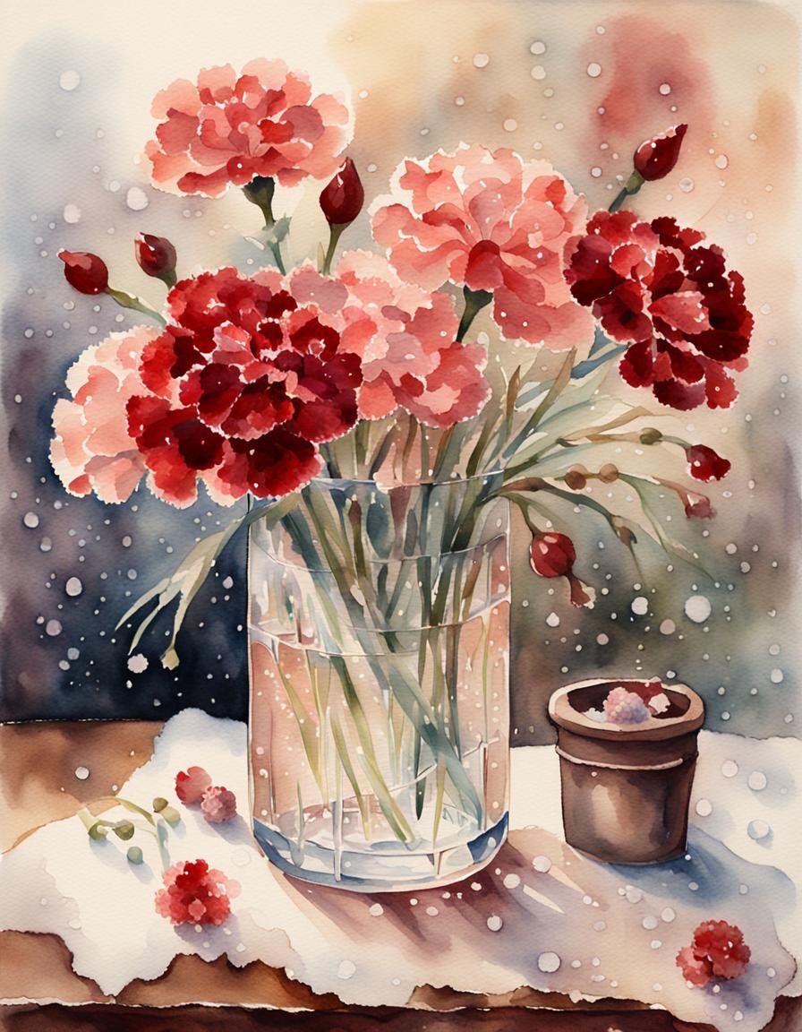 Watercolor Botanical Still Life with Carnations and Snow Dro...