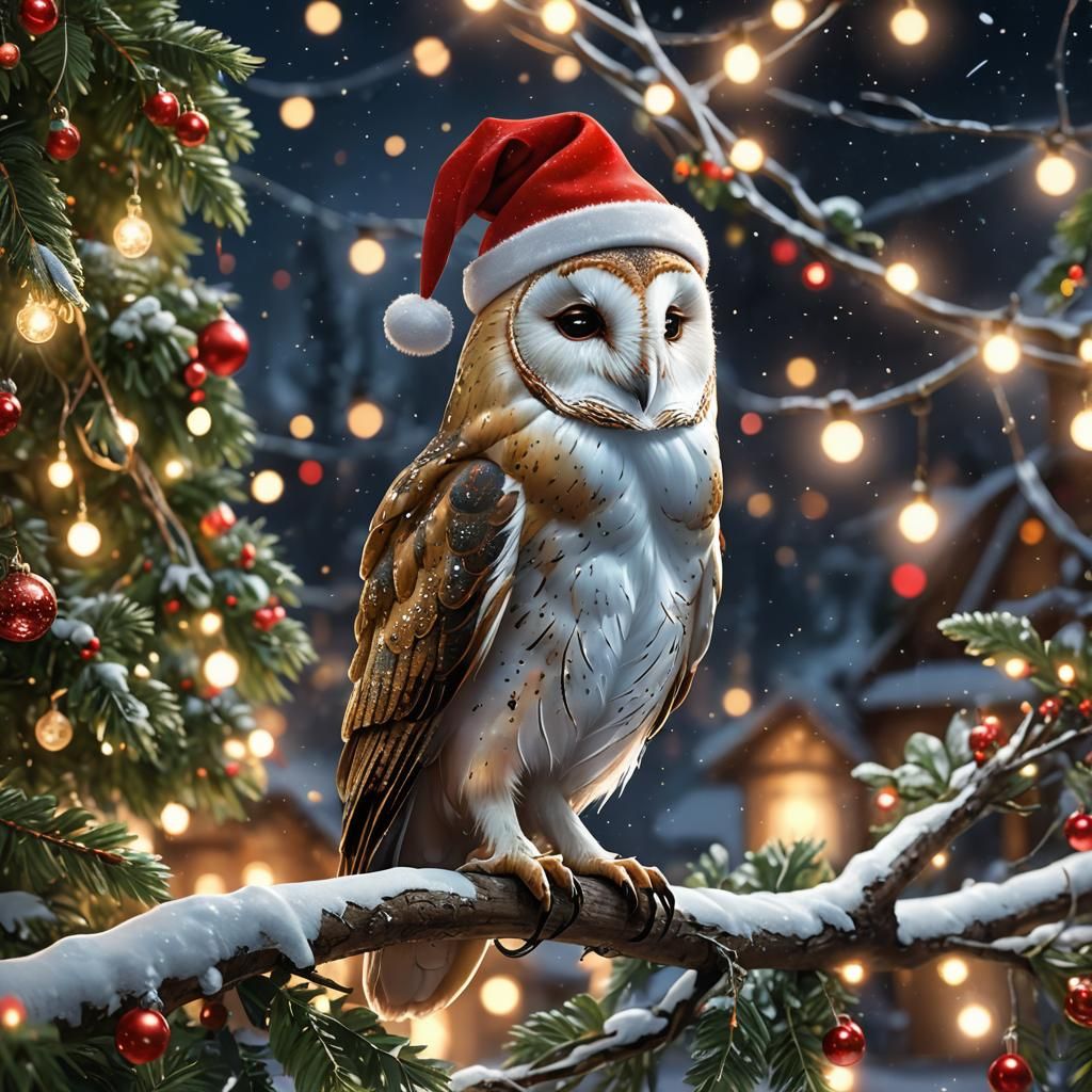 A portrait of a Christmas barn owl.