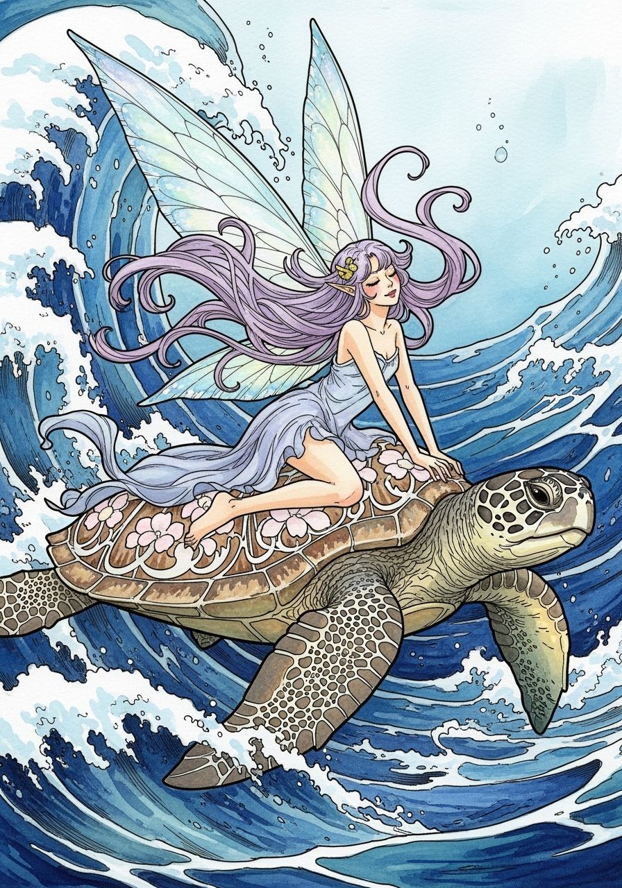 Sea Pixie Rides Turtle: Art Nouveau Illustration