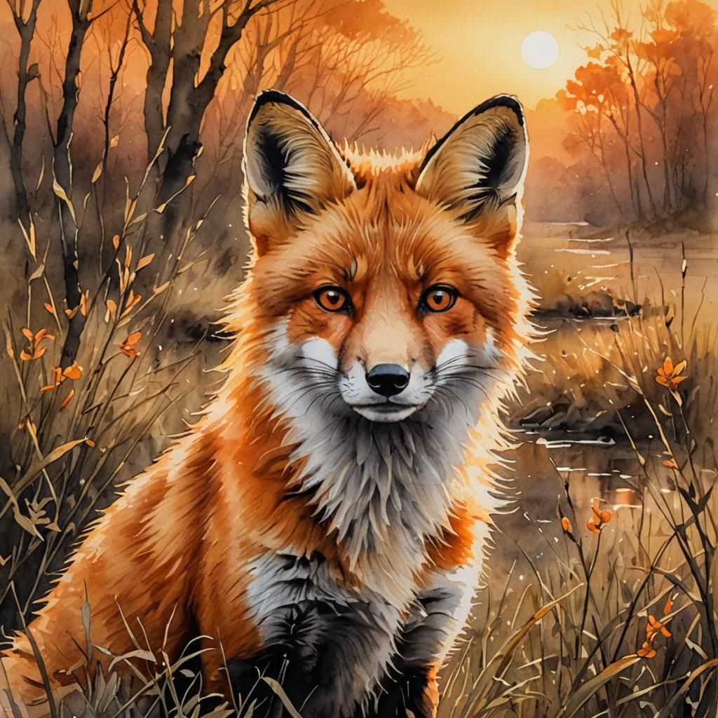 Charming Fox Portrait in Watercolor Ink Style