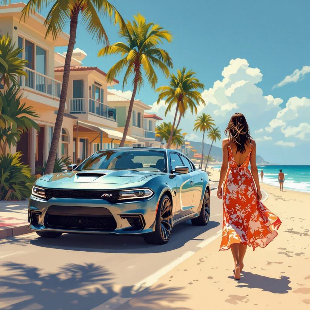 Dodge Charger on Beach Street, in Syd Mead Style