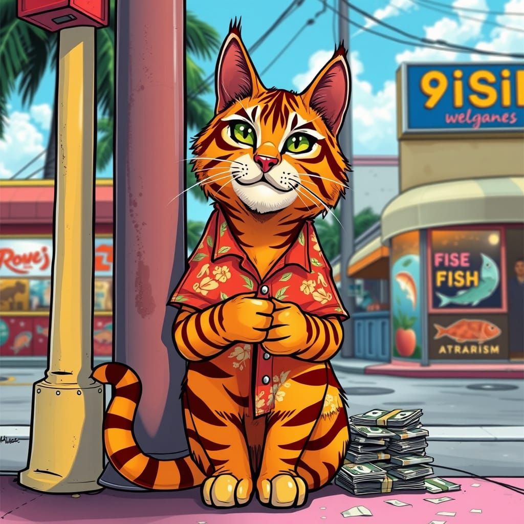 Vibrant Miami Cat Counts Stacks in Cartoon Style