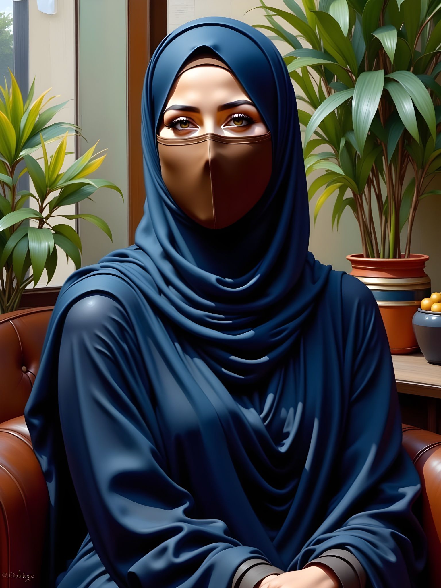 Hijabi Woman in Cozy Room, Oil Painting