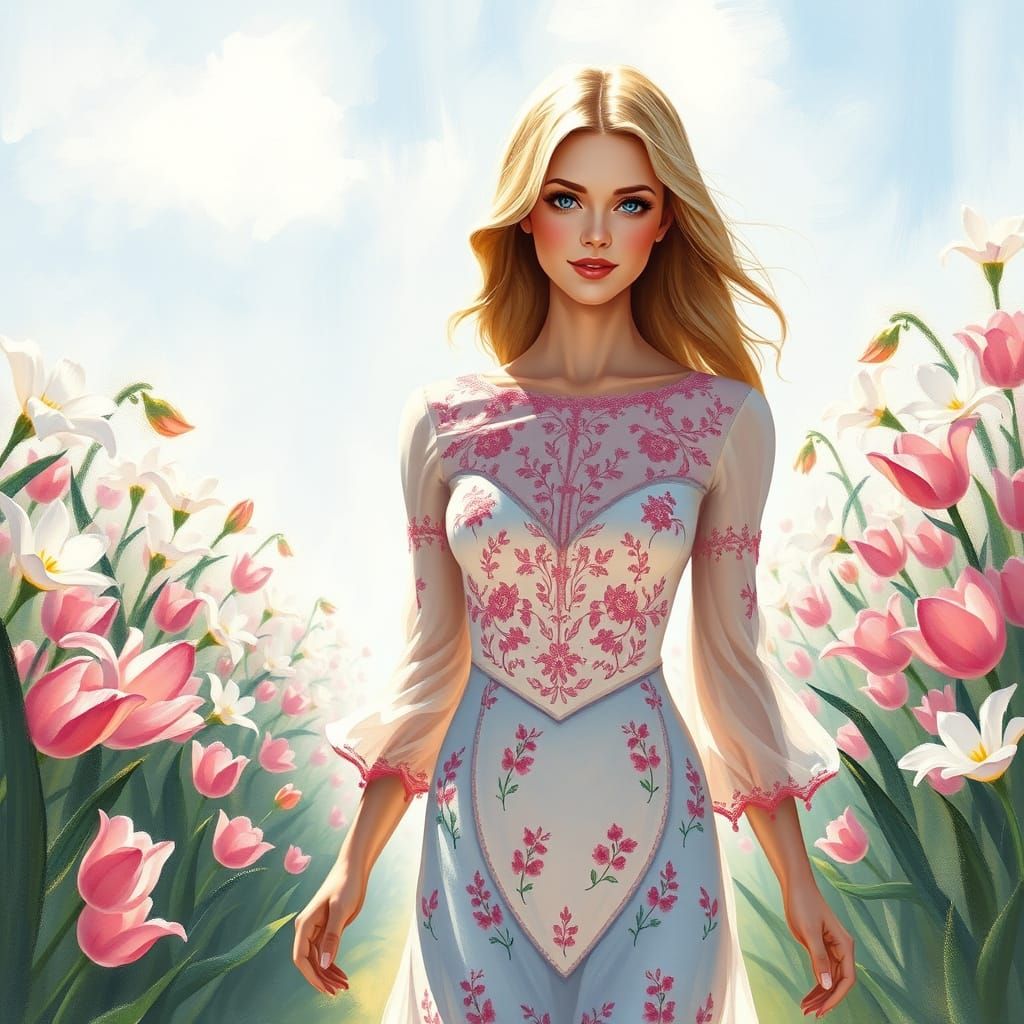 Elegante Blonde in Spring Floral Robe Walking in Garden