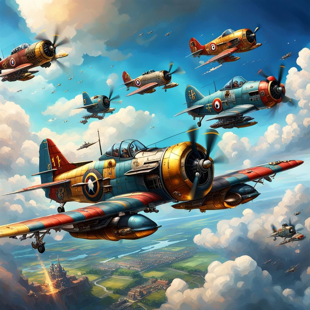 Steampunk Fighter Squadron in Hyperrealistic Splash Art
