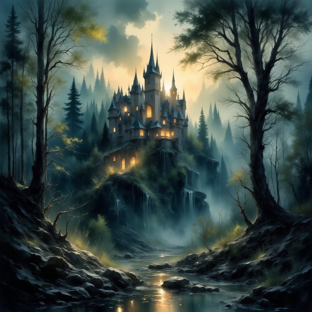 Majestic Castle on Hilltop, Inspiring Light in Dark Landscap...