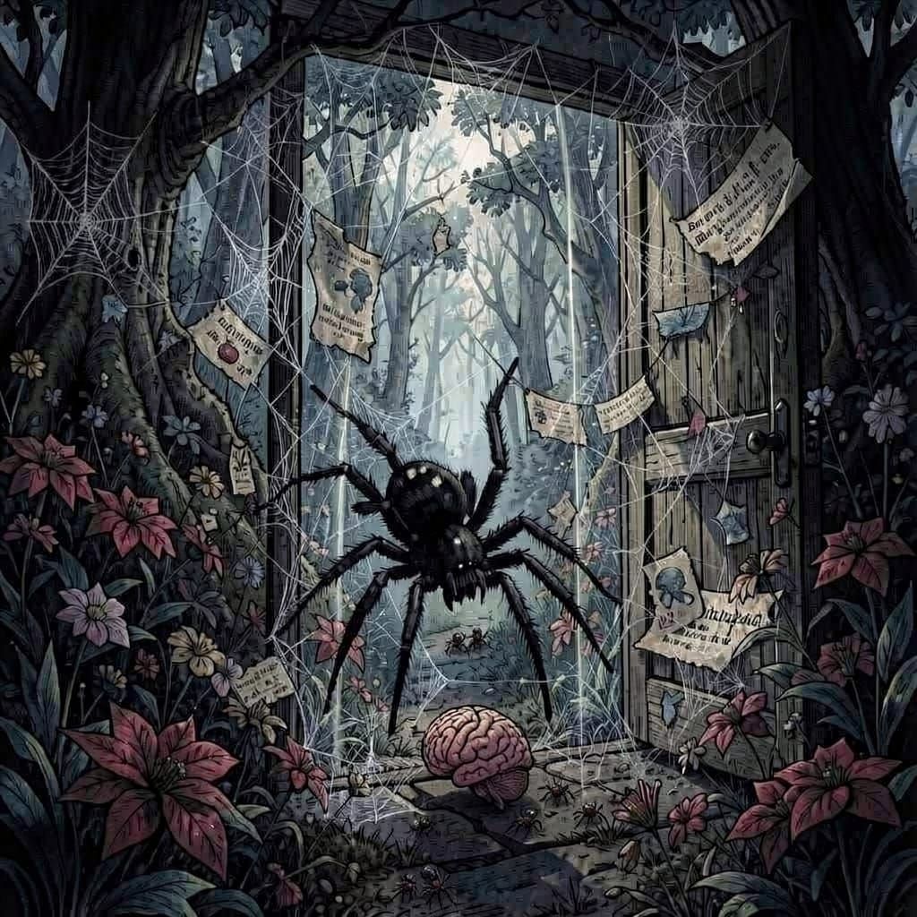 Black Widow Spider Escapes Enclosure Towards Open Door