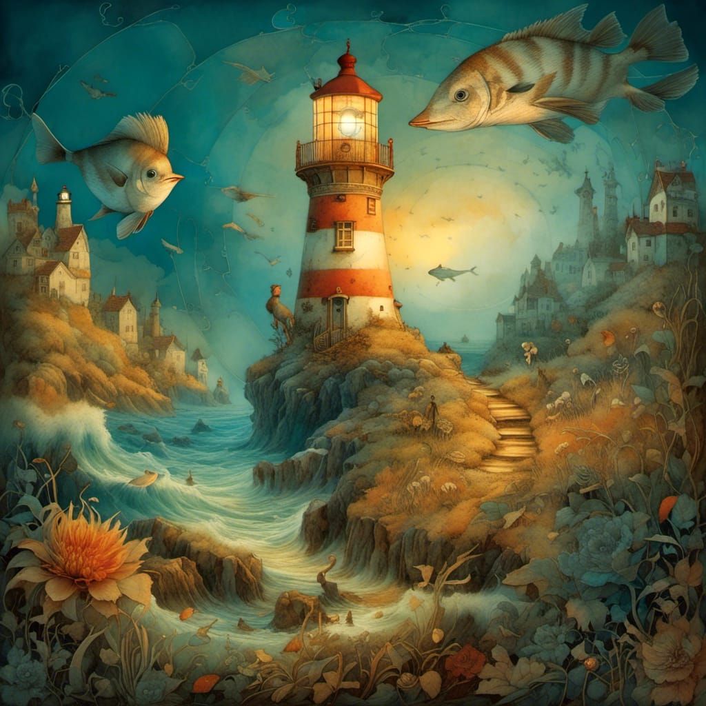 Surreal Lighthouse Sunset Nautical Chart Collage