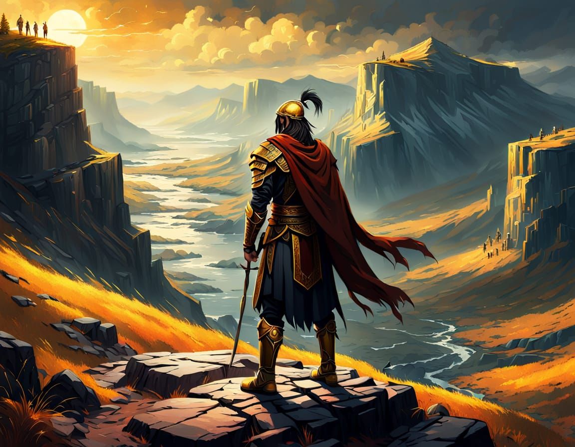 Warrior on Cliff in Golden Fantasy Landscape