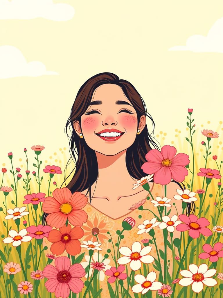 Smiling Woman in Floral Meadow Inspired by Pop Surrealism
