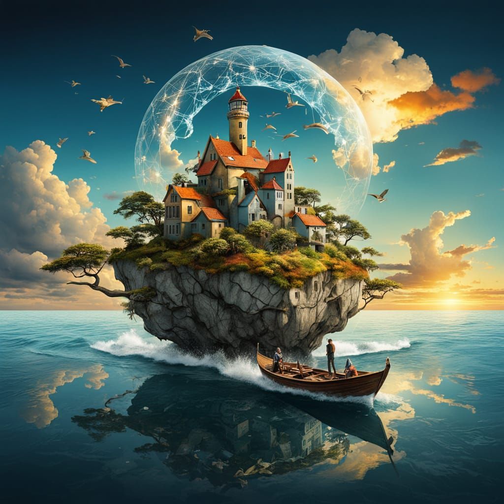 Surreal Cloudscape Stargate with Twisted Bonsai and Beach Sc...