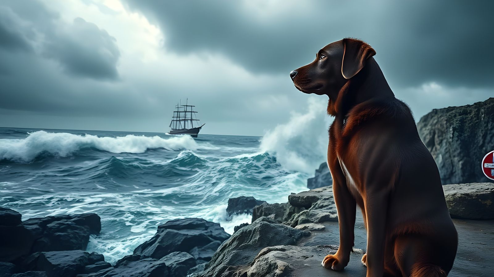 Labrador Retriever on Rocky Cliffs Amidst Turbulent Sea