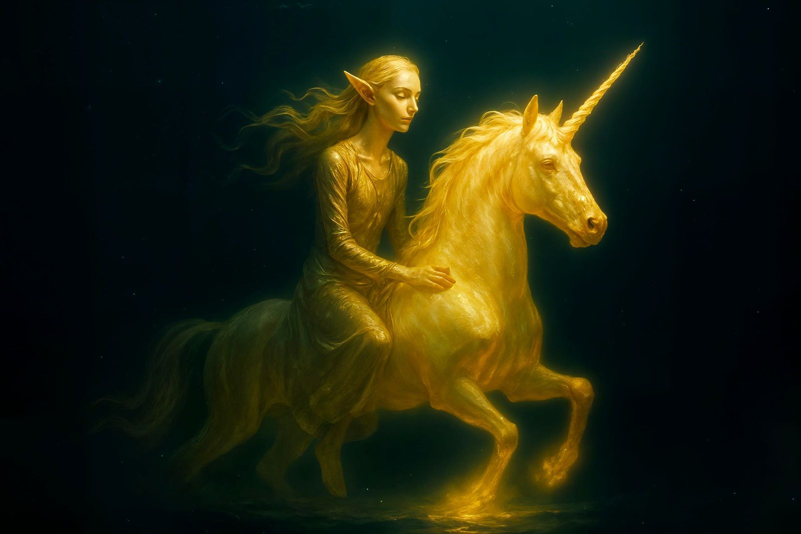 Luminous Elf Rides Unicorn in Underwater Scene
