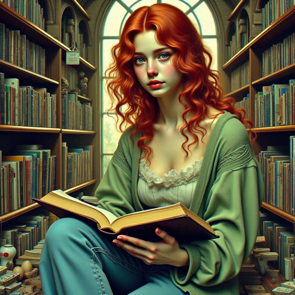 Cozy Library Moment in Soft, Watercolor Style