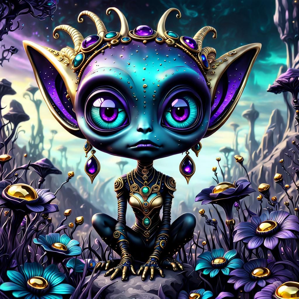 Cute Emo Alien Girl in Surreal Goth Landscape