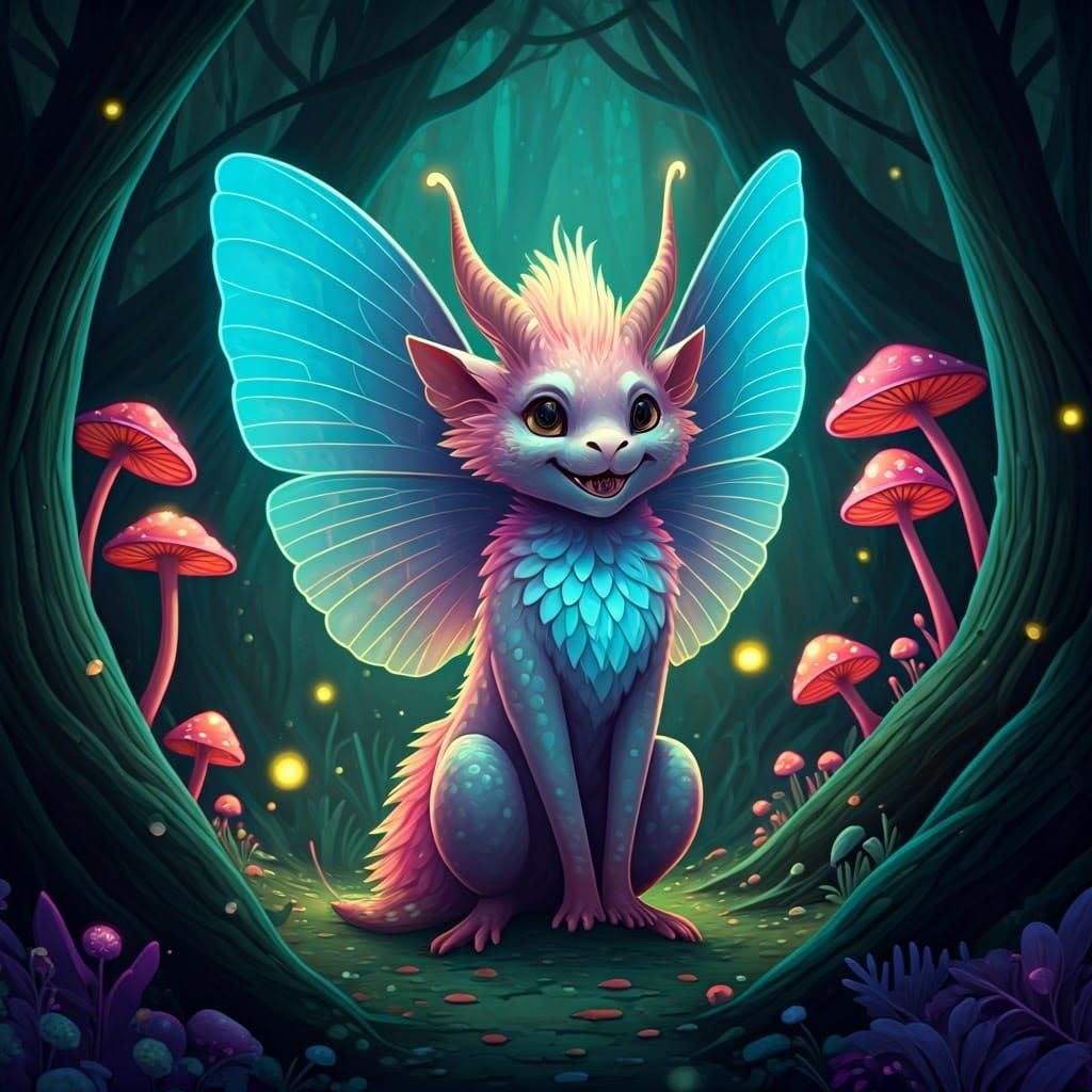 Whimsical Fantasy Creature in a Dreamlike Neon Forest