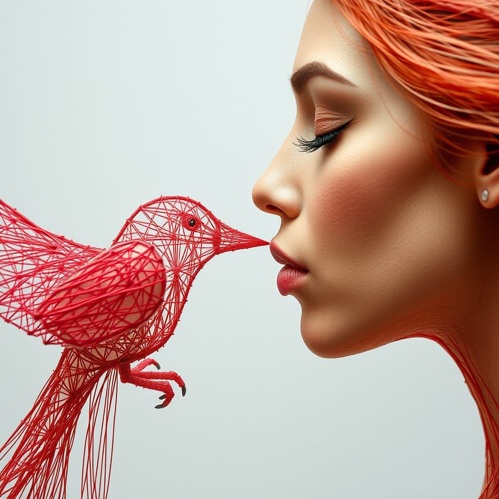 String Woman Kissing Bird Portrait