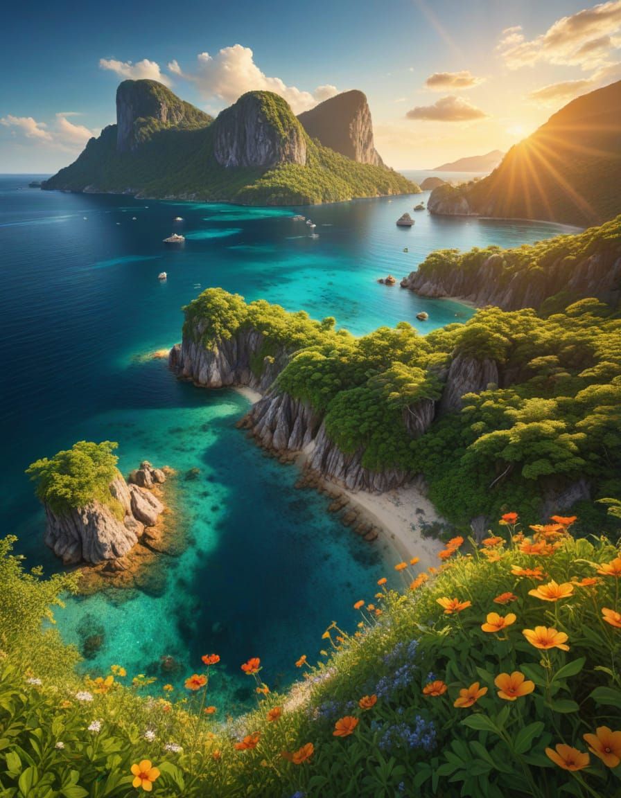 Vibrant Tropical Landscape with Majestic Mountains and Golde...