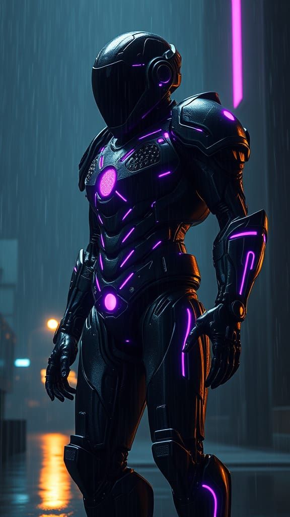 Surreal Cyberpunk Bio-Organic Exosuit in Neon-Lit Twilight