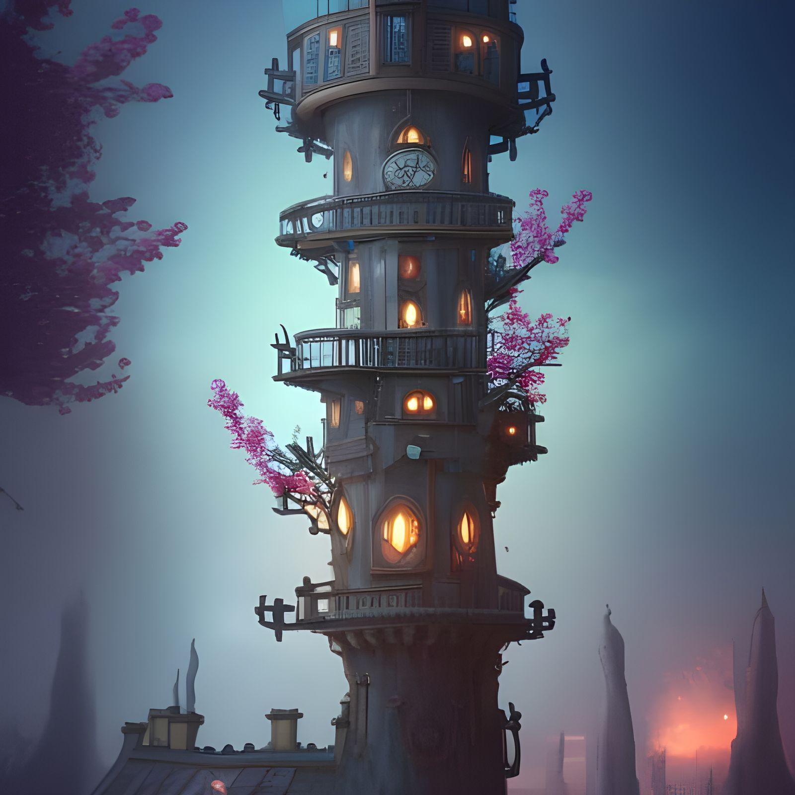 Steampunk Treehouse Castle with Blossoms, Detailed Digital A...