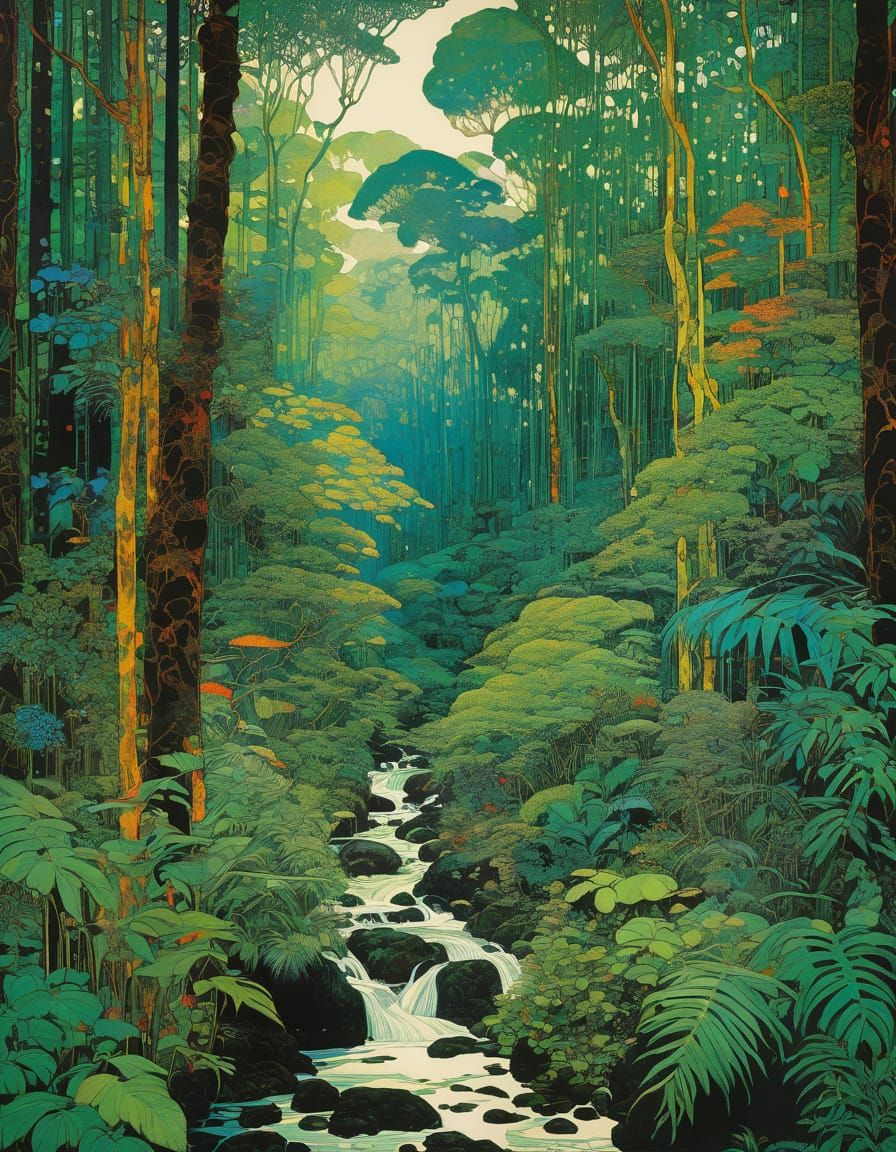 Rainforest in Vibrant Organic Line Drawing Style