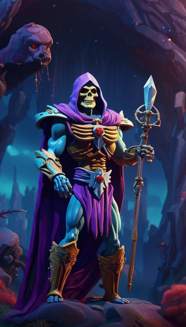 Skeletor in 80s Movie Costume: Detailed Digital Art