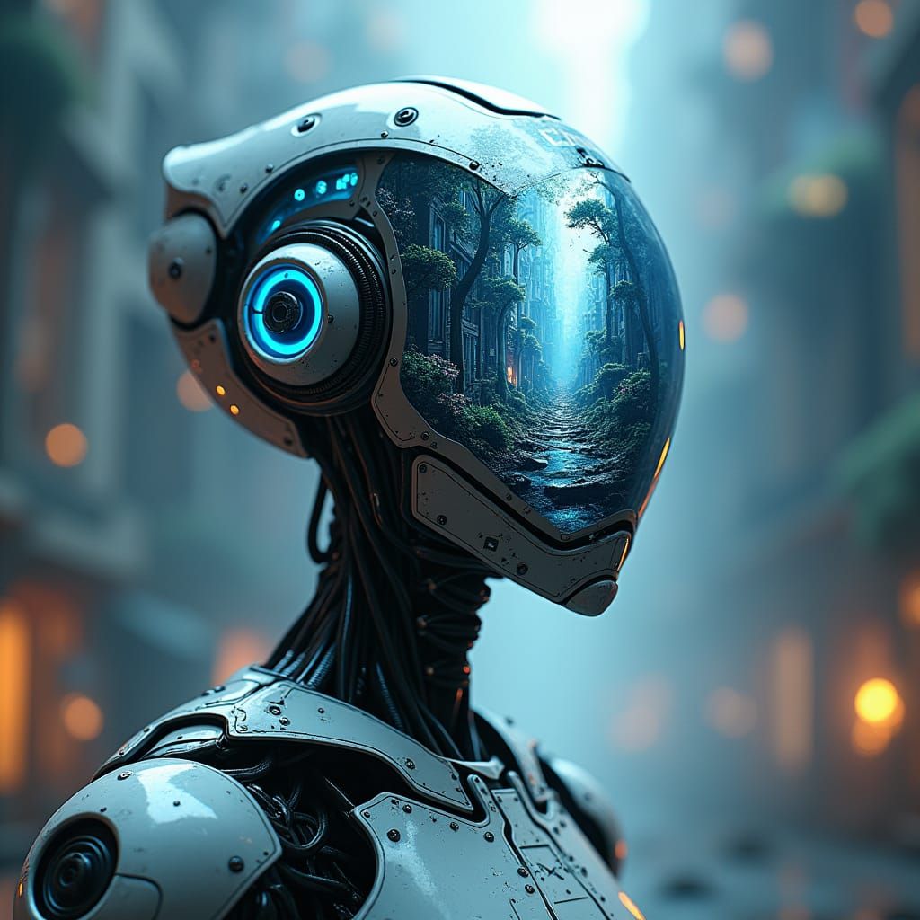 Futuristic Robot with Thought Bubbles in Fantasy Style