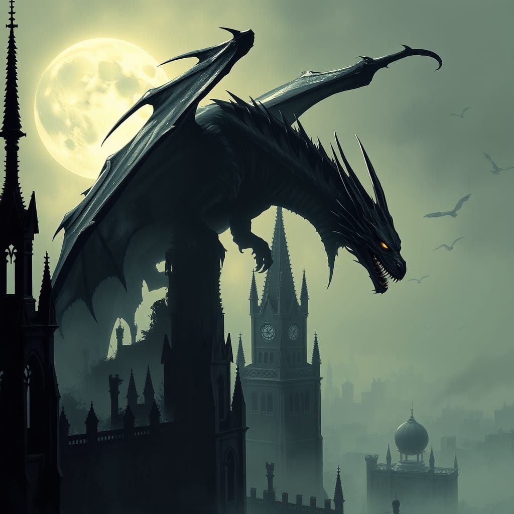 Obsidian Dragon on Gothic Cathedral Spire