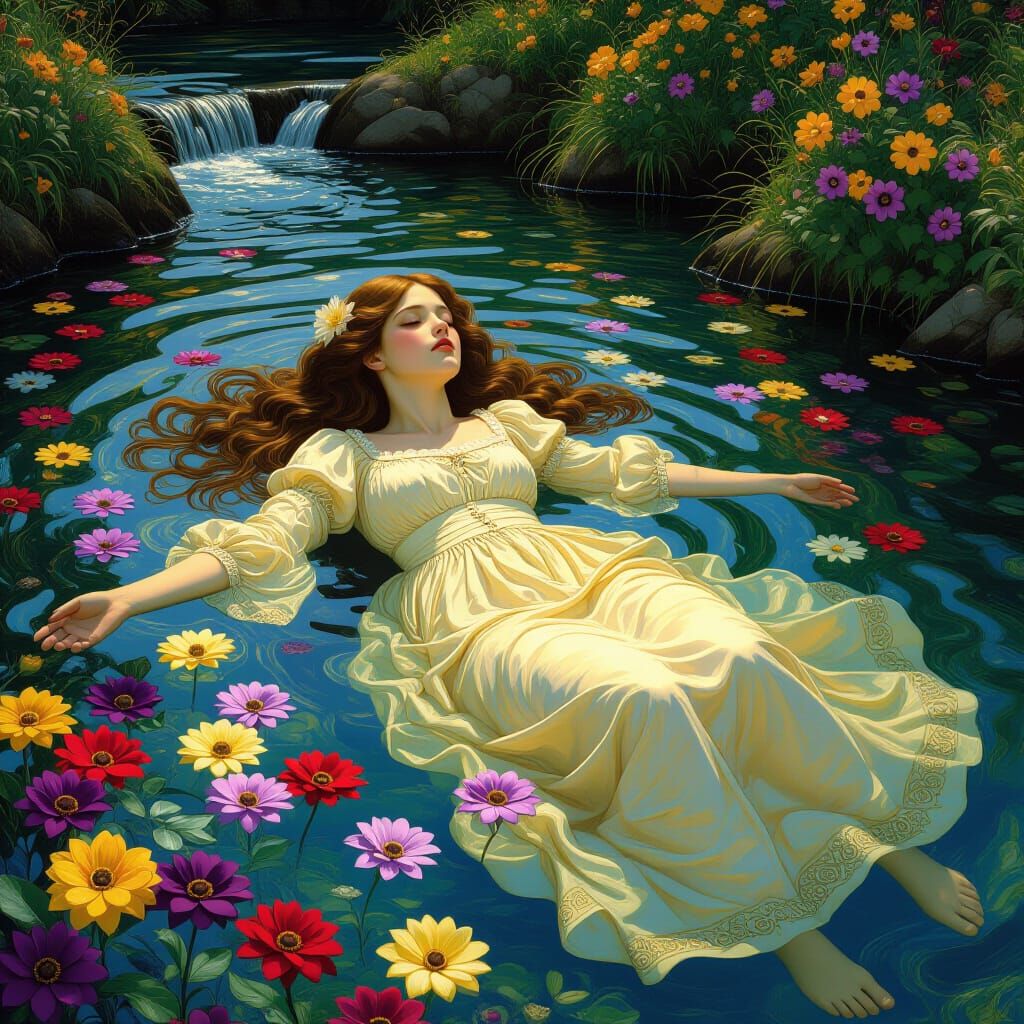 Ophelia in River of Flowers: Pre-Raphaelite Fantasy